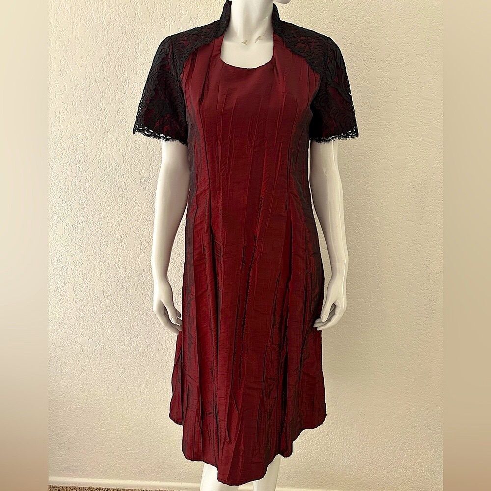 Vintage Dress Handmade Black Lace Over Burgundy Taffeta Size Large